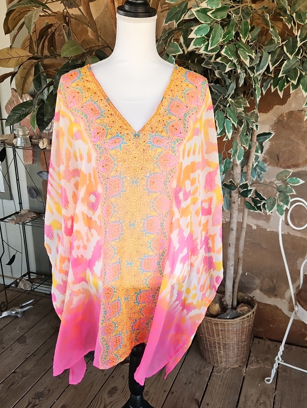 V-Neck Pink & Orange Printed Swim Coverup Tunic